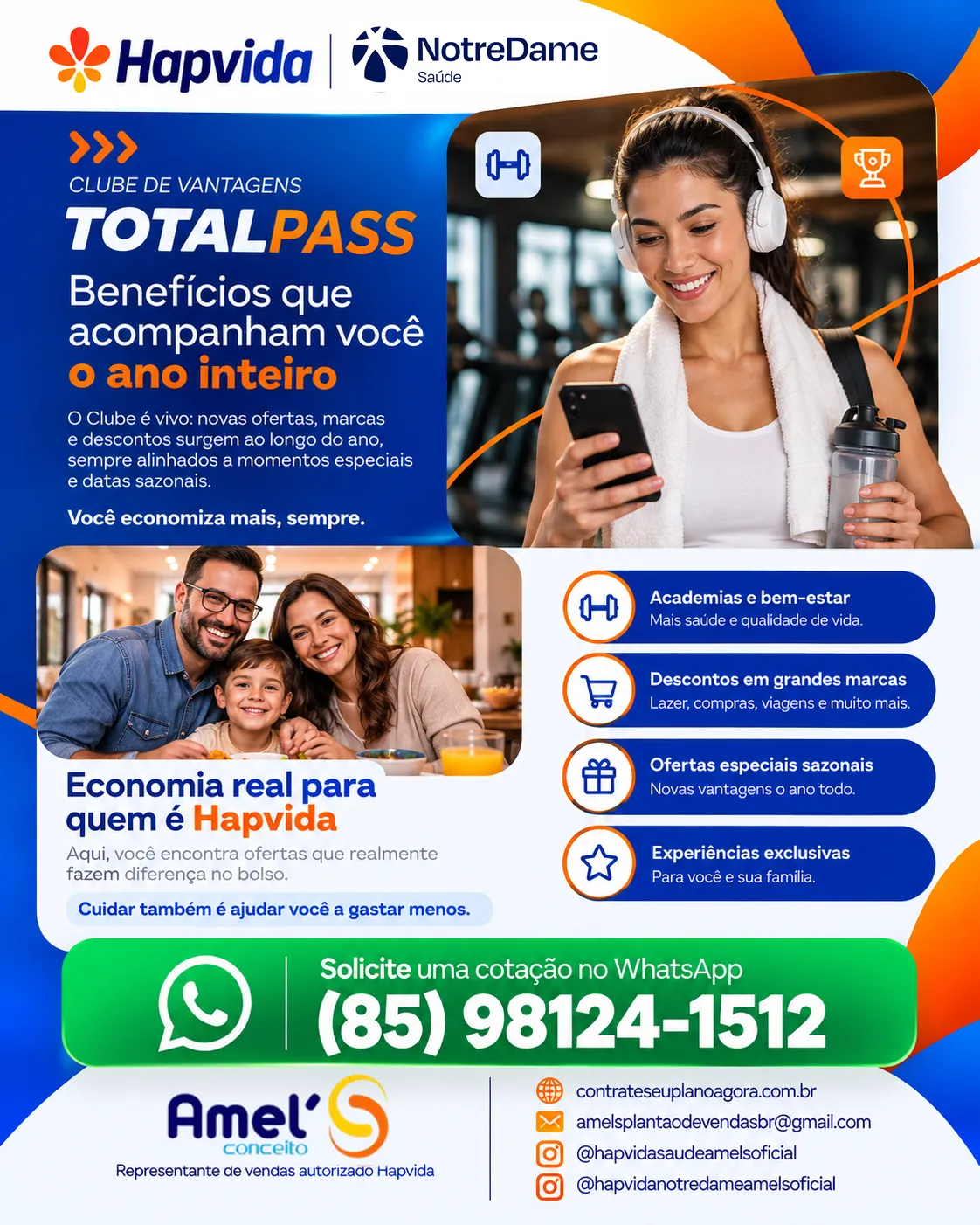 Arte do Clube de Vantagens Hapvida: academias e bem-estar, descontos em grandes marcas, ofertas sazonais e experiências exclusivas, com o WhatsApp da Amel’s.