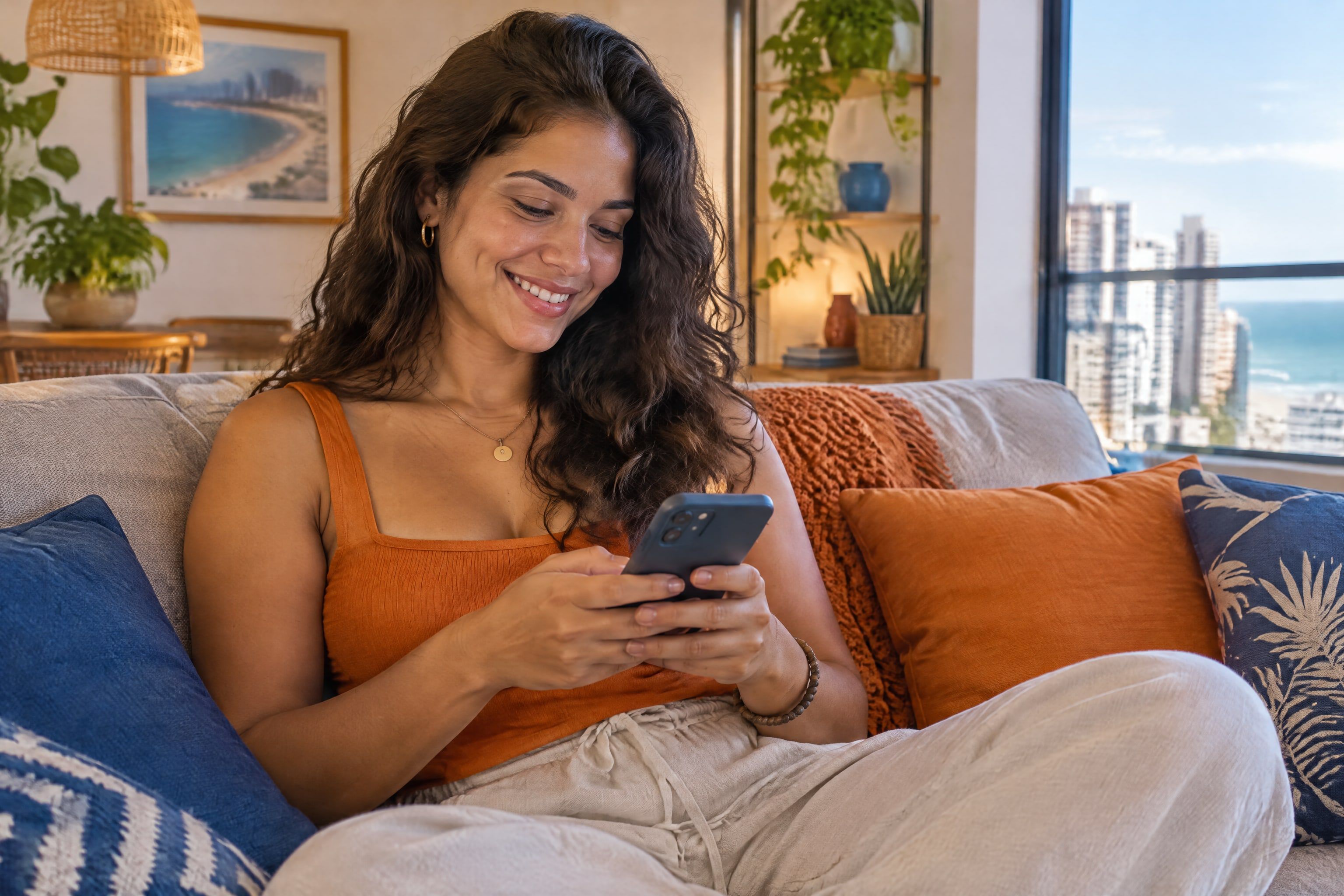 Pessoa sorrindo enquanto troca mensagens no celular, sentada no sofá