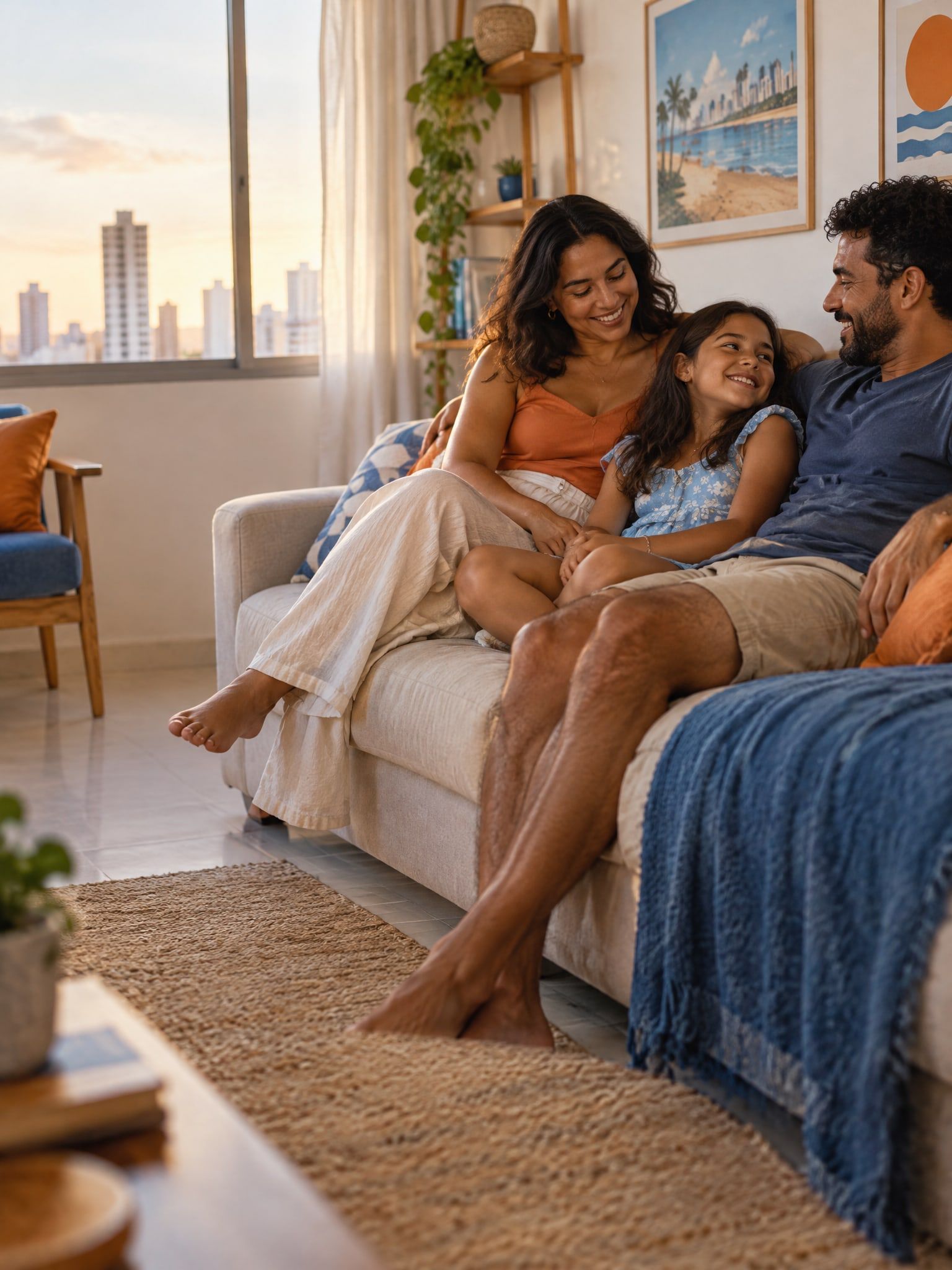 Família reunida na sala de casa em um fim de tarde