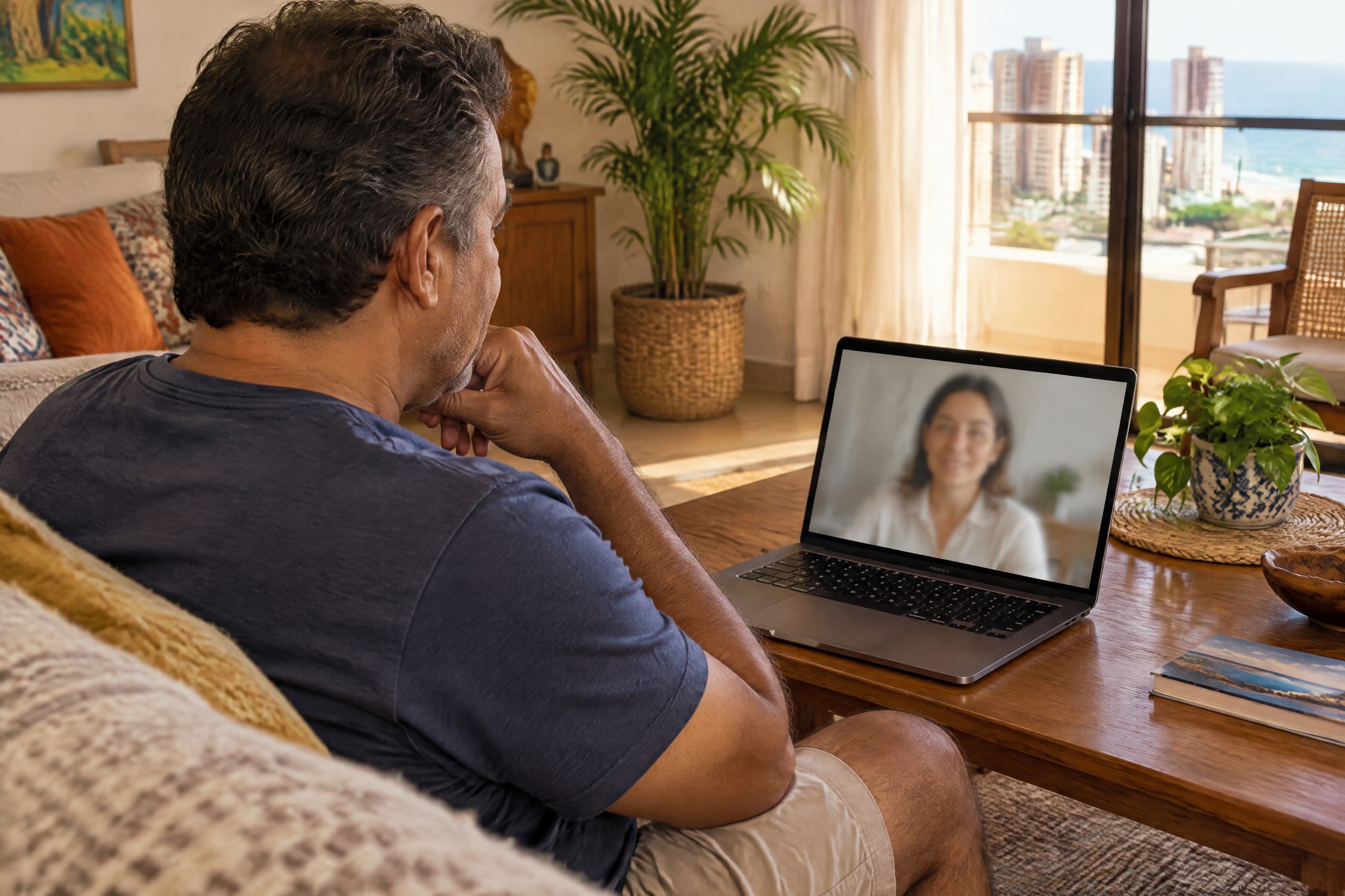 Homem em casa fazendo uma consulta por vídeo pelo notebook